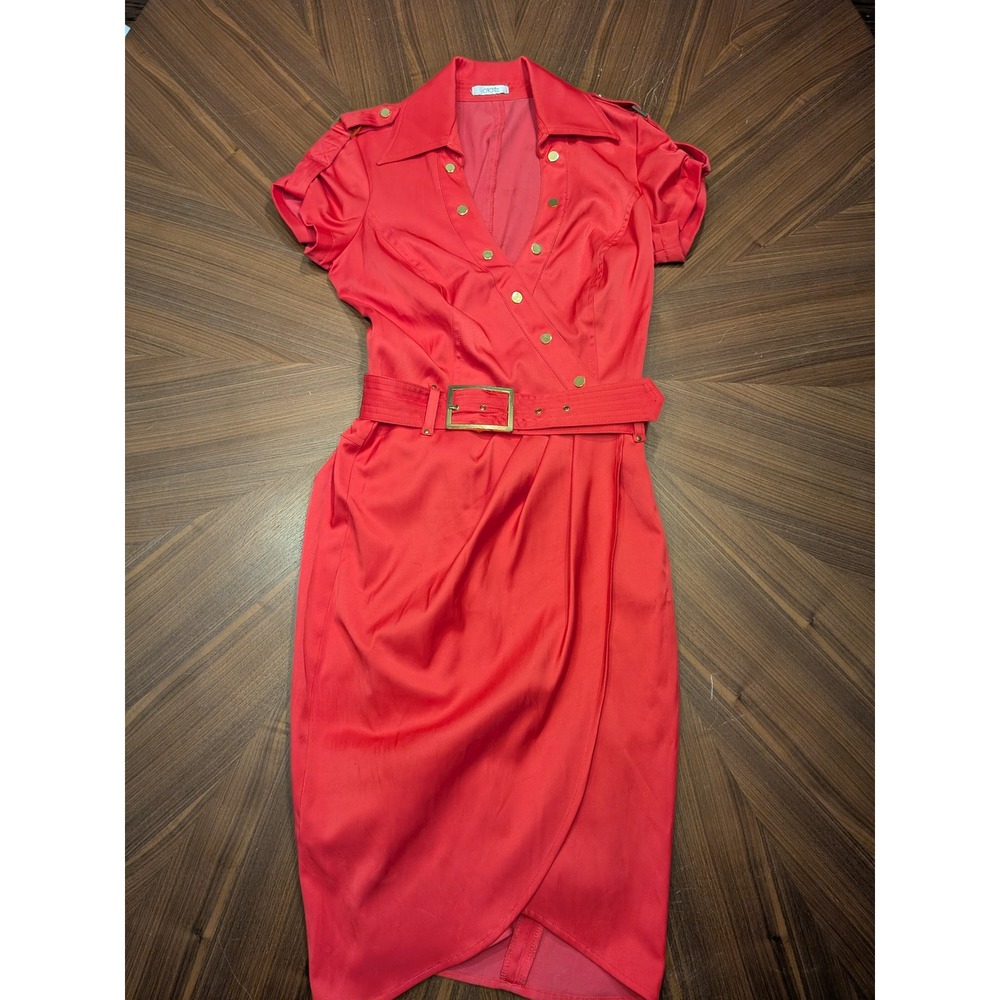 Bebe Sheath Dress Women Red Excellent Short Sleeve Belted V-Neck Tulip Hem S